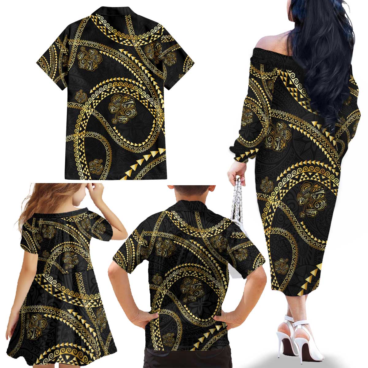 Hawaiian Kakau Art and Hisbiscus Tattoo Family Matching Off The Shoulder Long Sleeve Dress and Hawaiian Shirt Tribal Pattern-Gold Style - Polynesian Pride