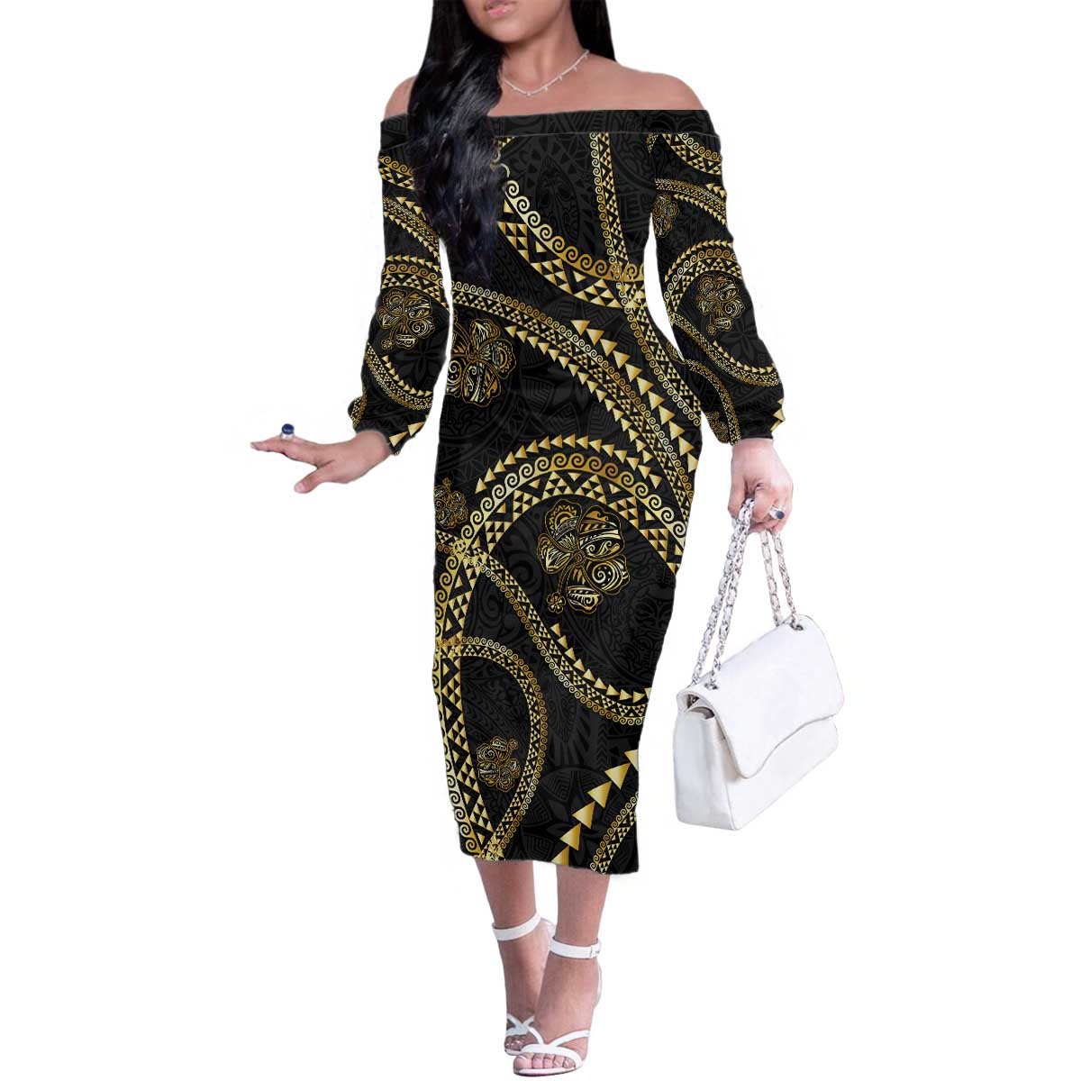 Hawaiian Kakau Art and Hisbiscus Tattoo Family Matching Off The Shoulder Long Sleeve Dress and Hawaiian Shirt Tribal Pattern-Gold Style - Polynesian Pride