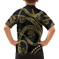 Hawaiian Kakau Art and Hisbiscus Tattoo Family Matching Off Shoulder Maxi Dress and Hawaiian Shirt Tribal Pattern-Gold Style - Polynesian Pride