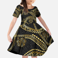 Hawaiian Kakau Art and Hisbiscus Tattoo Family Matching Off Shoulder Maxi Dress and Hawaiian Shirt Tribal Pattern-Gold Style - Polynesian Pride