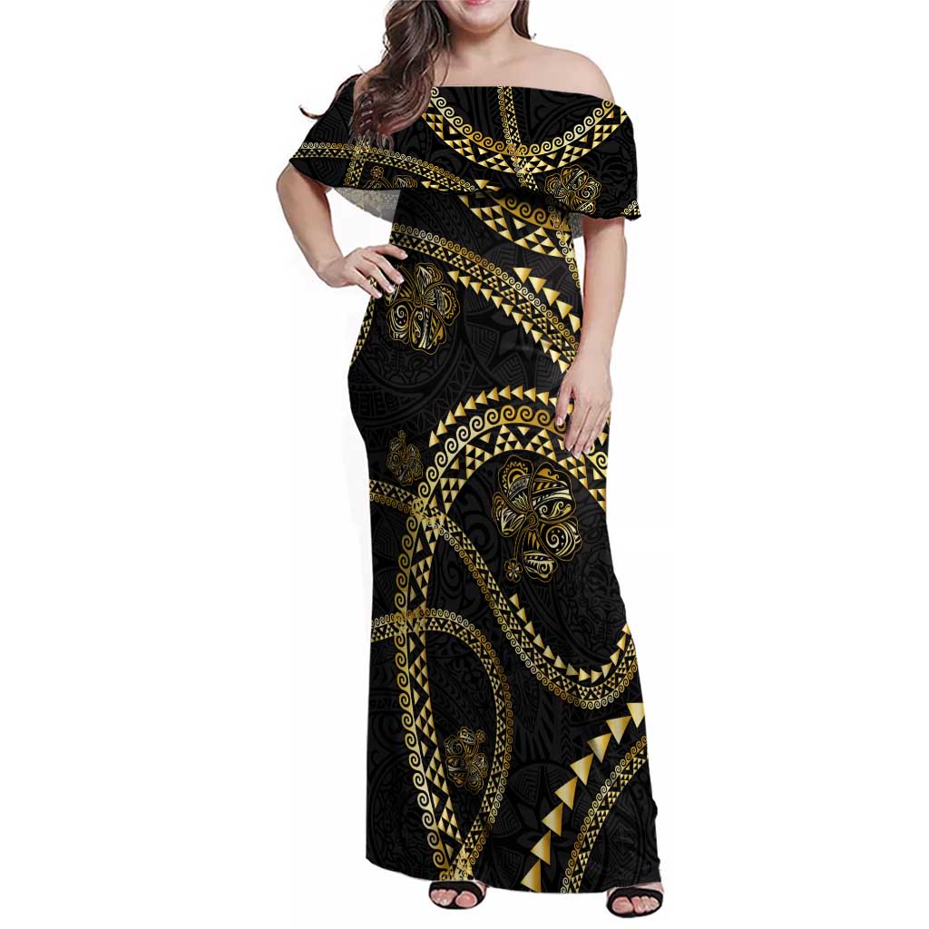 Hawaiian Kakau Art and Hisbiscus Tattoo Family Matching Off Shoulder Maxi Dress and Hawaiian Shirt Tribal Pattern-Gold Style - Polynesian Pride