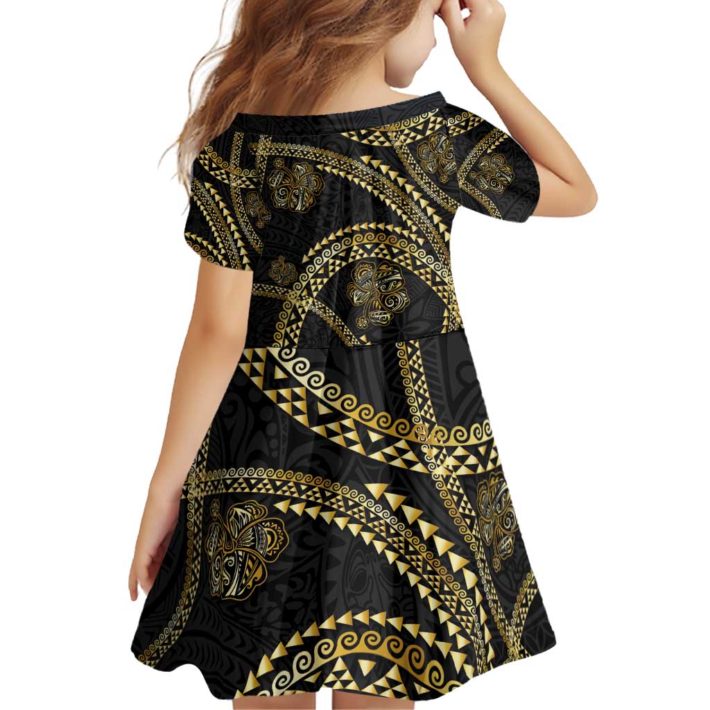 Hawaiian Kakau Art and Hisbiscus Tattoo Family Matching Off Shoulder Short Dress and Hawaiian Shirt Tribal Pattern-Gold Style - Polynesian Pride
