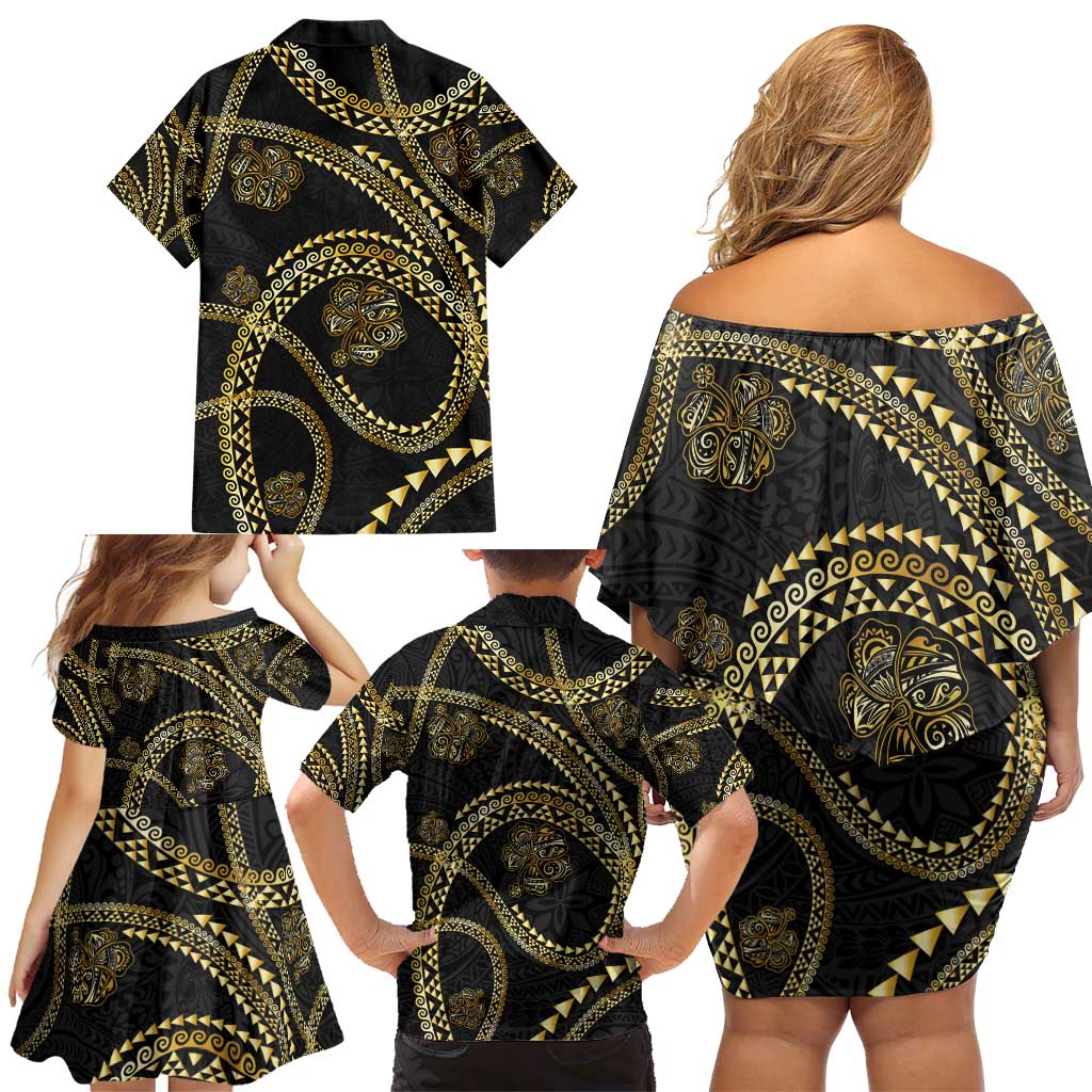 Hawaiian Kakau Art and Hisbiscus Tattoo Family Matching Off Shoulder Short Dress and Hawaiian Shirt Tribal Pattern-Gold Style - Polynesian Pride