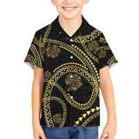 Hawaiian Kakau Art and Hisbiscus Tattoo Family Matching Off Shoulder Short Dress and Hawaiian Shirt Tribal Pattern-Gold Style - Polynesian Pride