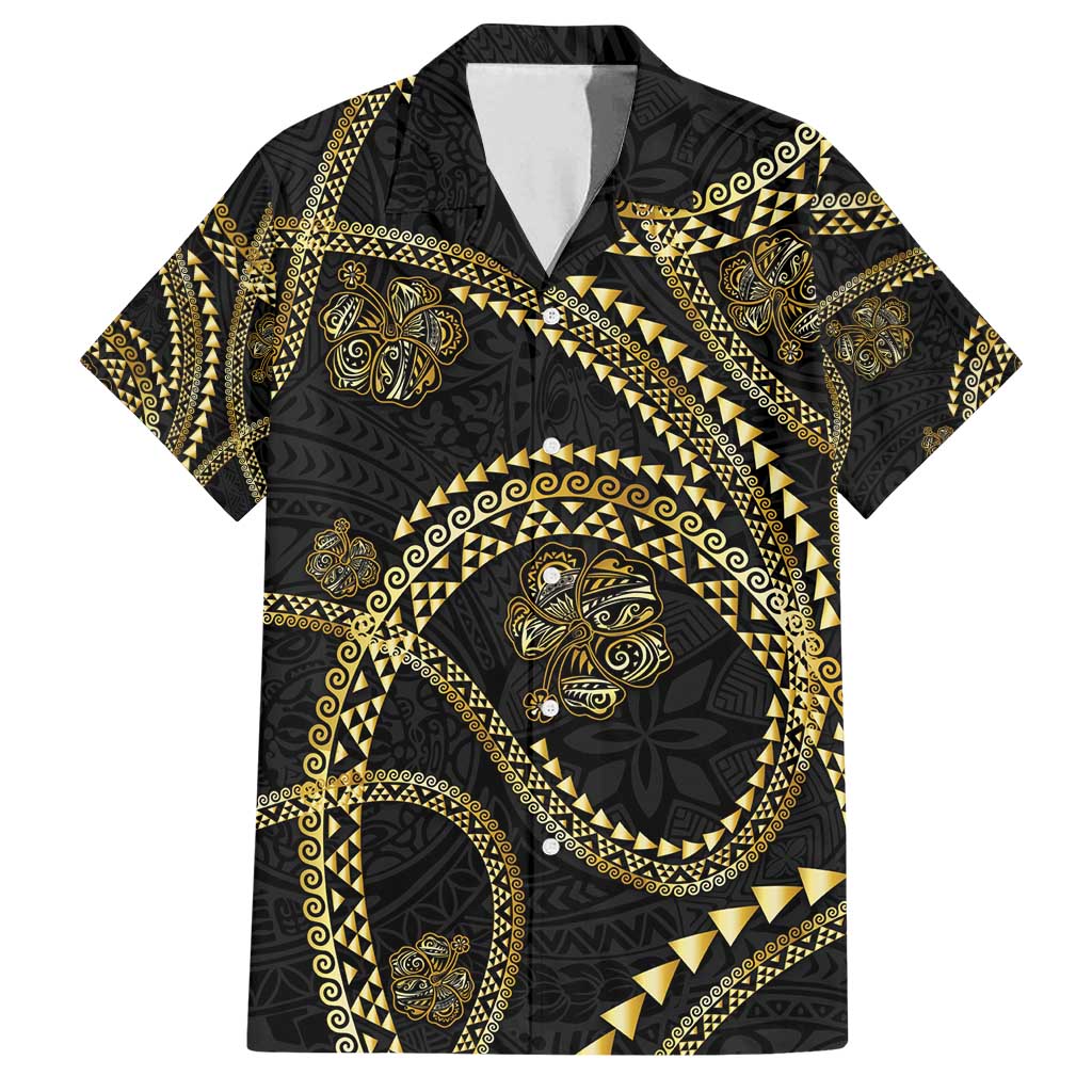 Hawaiian Kakau Art and Hisbiscus Tattoo Family Matching Puletasi and Hawaiian Shirt Tribal Pattern-Gold Style - Polynesian Pride
