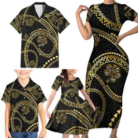 Hawaiian Kakau Art and Hisbiscus Tattoo Family Matching Short Sleeve Bodycon Dress and Hawaiian Shirt Tribal Pattern-Gold Style - Polynesian Pride