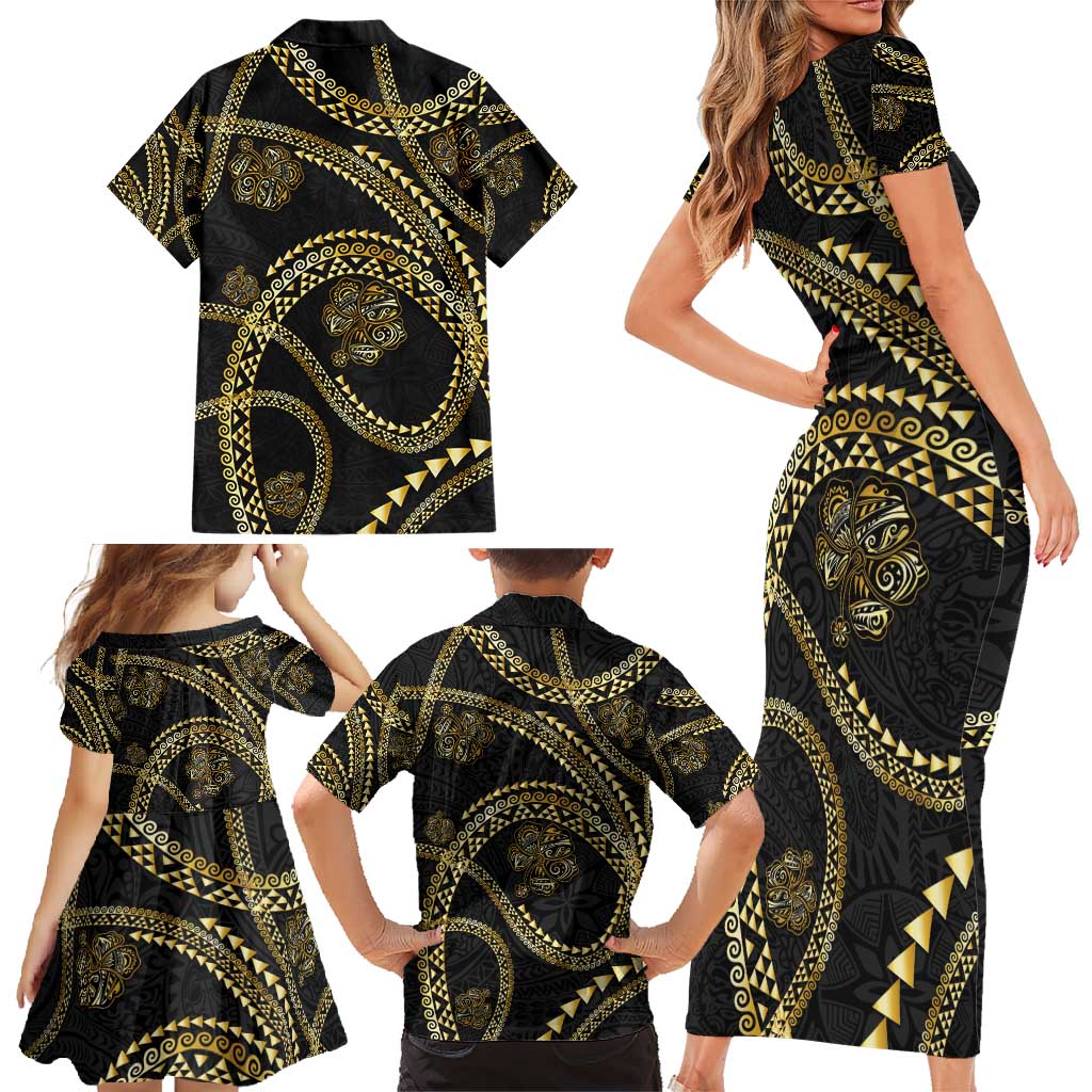 Hawaiian Kakau Art and Hisbiscus Tattoo Family Matching Short Sleeve Bodycon Dress and Hawaiian Shirt Tribal Pattern-Gold Style - Polynesian Pride