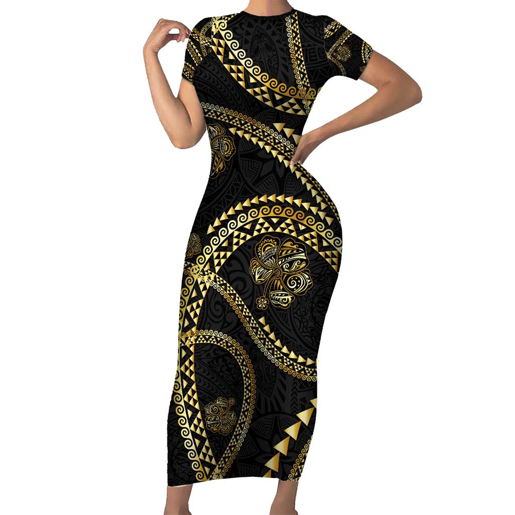 Hawaiian Kakau Art and Hisbiscus Tattoo Family Matching Short Sleeve Bodycon Dress and Hawaiian Shirt Tribal Pattern-Gold Style - Polynesian Pride