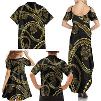 Hawaiian Kakau Art and Hisbiscus Tattoo Family Matching Summer Maxi Dress and Hawaiian Shirt Tribal Pattern-Gold Style - Polynesian Pride