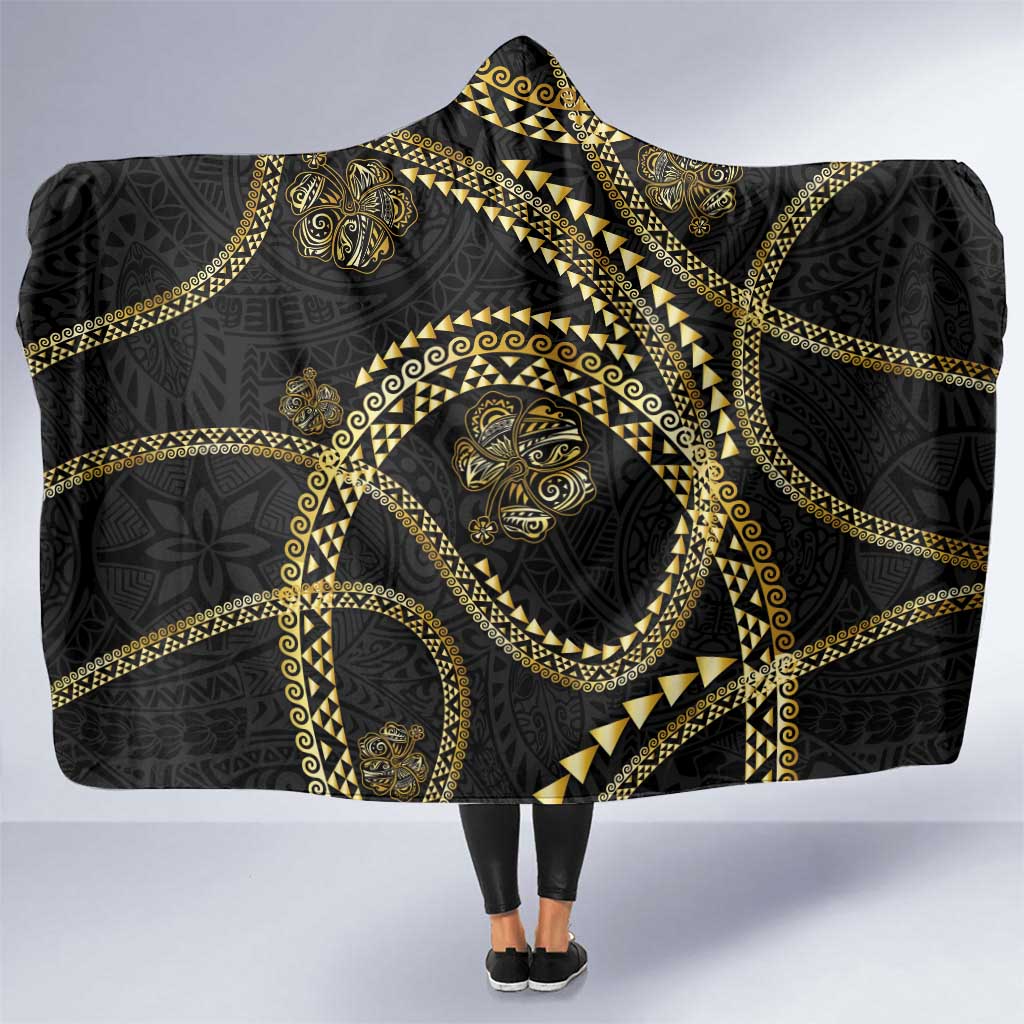 Hawaiian Kakau Art and Hisbiscus Tattoo Hooded Blanket Tribal Pattern-Gold Style - Polynesian Pride