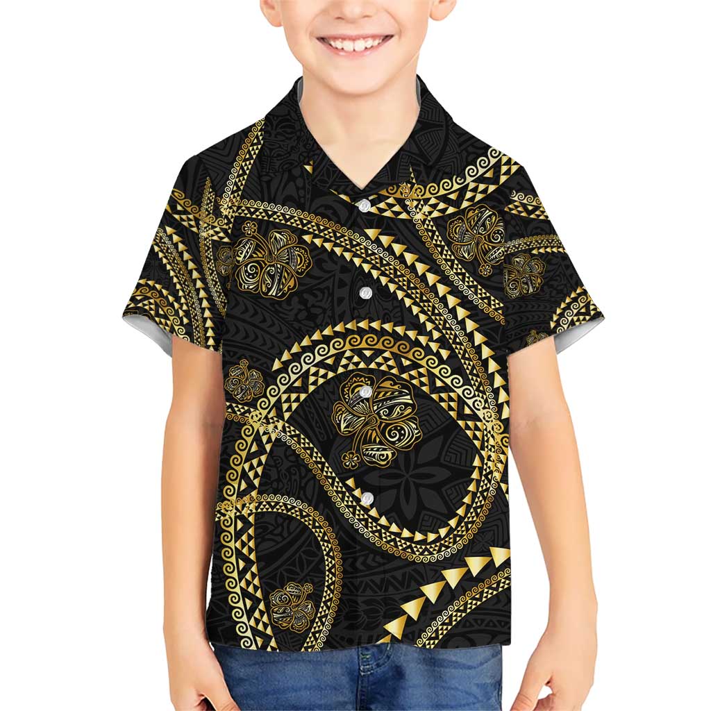Hawaiian Kakau Art and Hisbiscus Tattoo Kid Hawaiian Shirt Tribal Pattern-Gold Style - Polynesian Pride