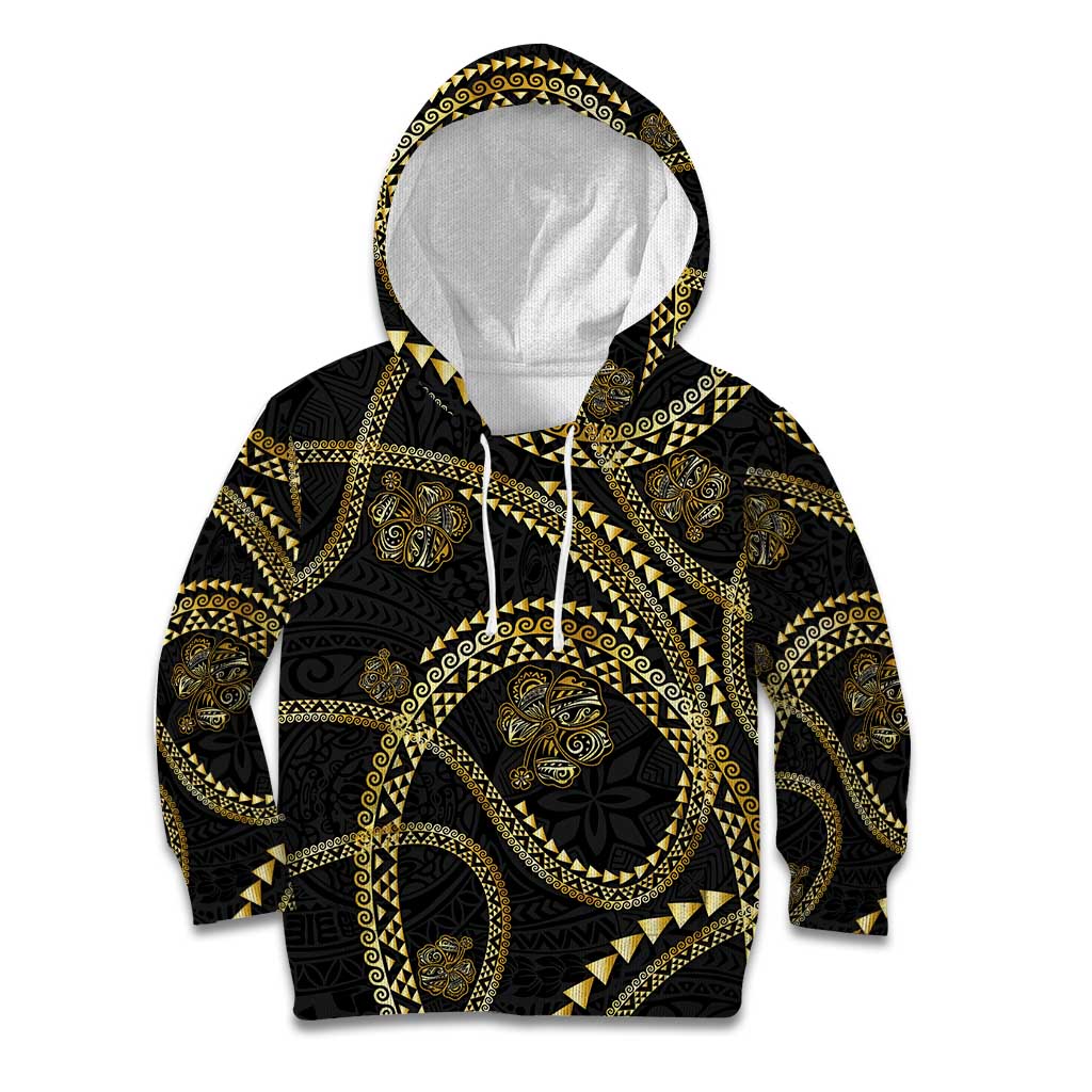 Hawaiian Kakau Art and Hisbiscus Tattoo Kid Hoodie Tribal Pattern-Gold Style - Polynesian Pride