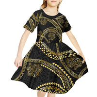 Hawaiian Kakau Art and Hisbiscus Tattoo Kid Short Sleeve Dress Tribal Pattern-Gold Style - Polynesian Pride