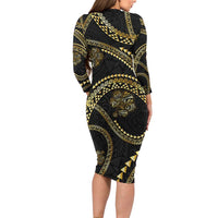 Hawaiian Kakau Art and Hisbiscus Tattoo Long Sleeve Bodycon Dress Tribal Pattern-Gold Style - Polynesian Pride