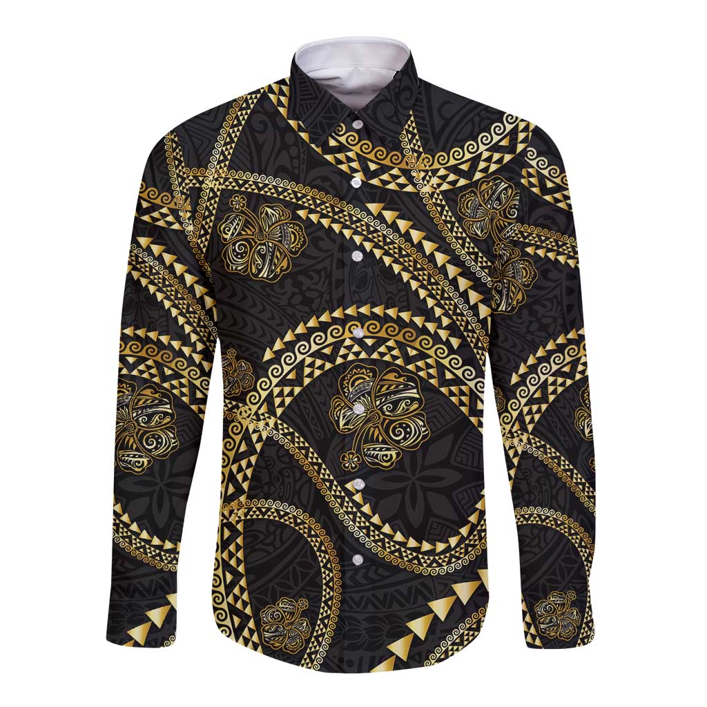 Hawaiian Kakau Art and Hisbiscus Tattoo Long Sleeve Button Shirt Tribal Pattern-Gold Style - Polynesian Pride