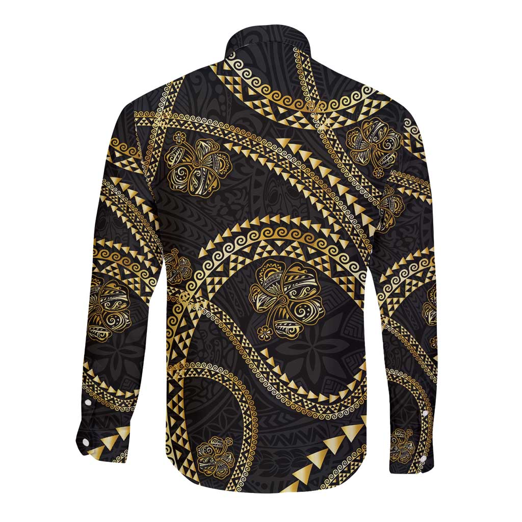Hawaiian Kakau Art and Hisbiscus Tattoo Long Sleeve Button Shirt Tribal Pattern-Gold Style - Polynesian Pride