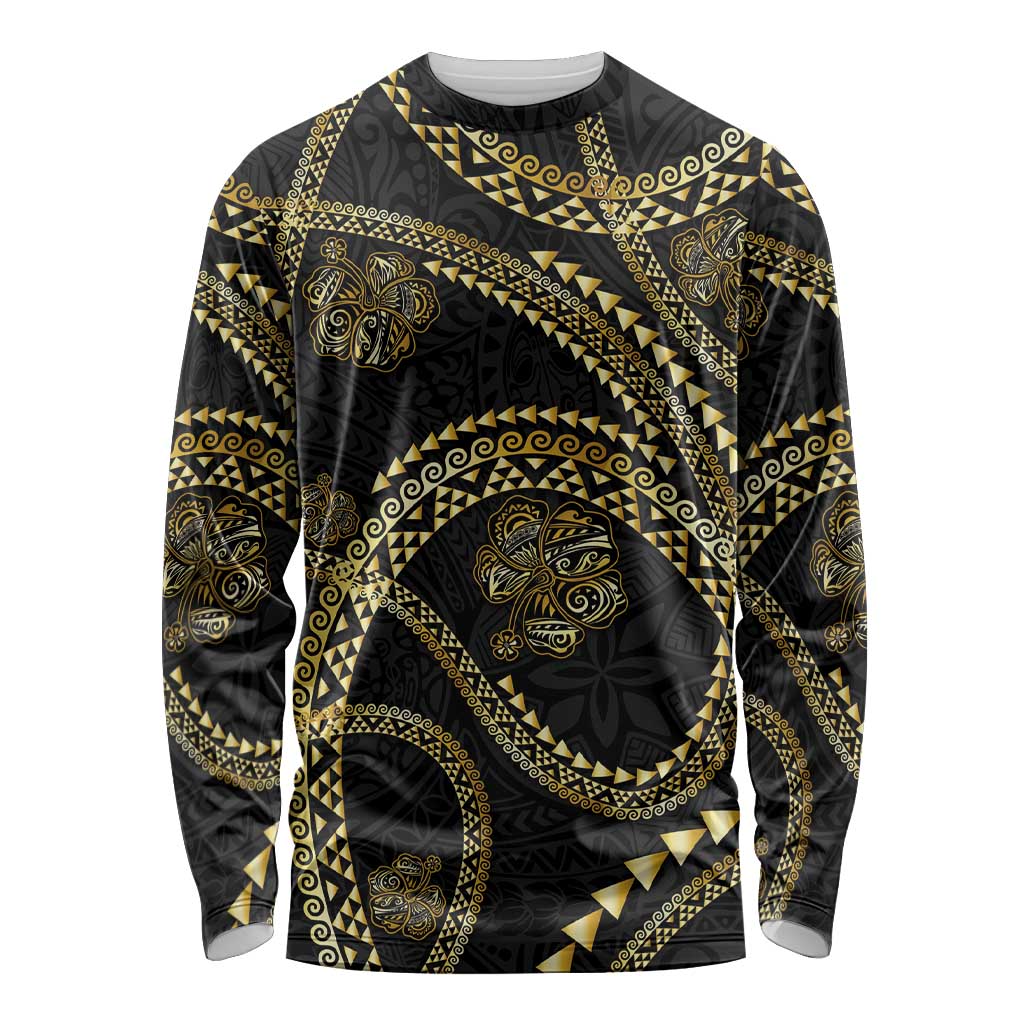 Hawaiian Kakau Art and Hisbiscus Tattoo Long Sleeve Shirt Tribal Pattern-Gold Style - Polynesian Pride