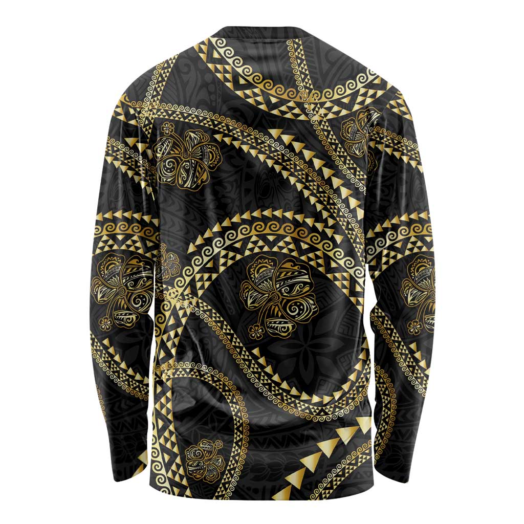 Hawaiian Kakau Art and Hisbiscus Tattoo Long Sleeve Shirt Tribal Pattern-Gold Style - Polynesian Pride