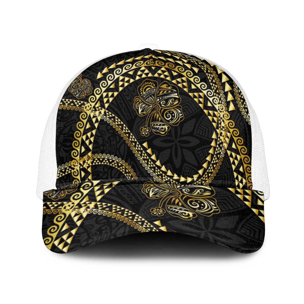 Hawaiian Kakau Art and Hisbiscus Tattoo Mesh Trucker Cap Tribal Pattern-Gold Style - Polynesian Pride