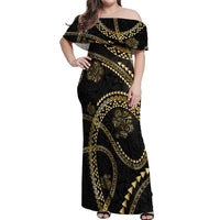 Hawaiian Kakau Art and Hisbiscus Tattoo Off Shoulder Maxi Dress Tribal Pattern-Gold Style - Polynesian Pride