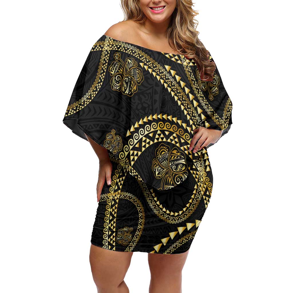 Hawaiian Kakau Art and Hisbiscus Tattoo Off Shoulder Short Dress Tribal Pattern-Gold Style - Polynesian Pride