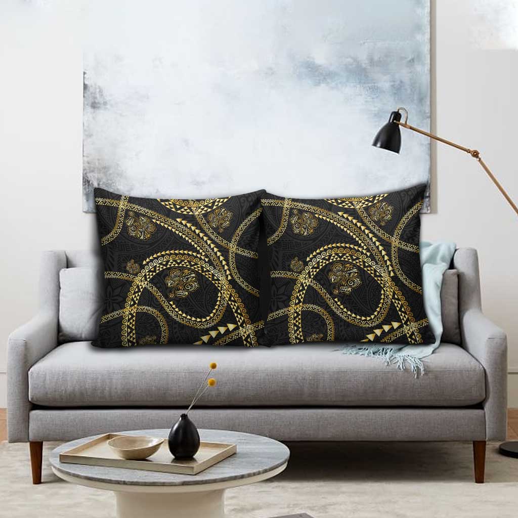 Hawaiian Kakau Art and Hisbiscus Tattoo Pillow Cover Tribal Pattern-Gold Style - Polynesian Pride