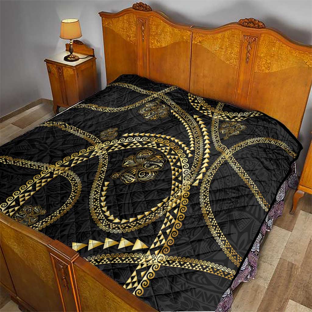 Hawaiian Kakau Art and Hisbiscus Tattoo Quilt Tribal Pattern-Gold Style - Polynesian Pride