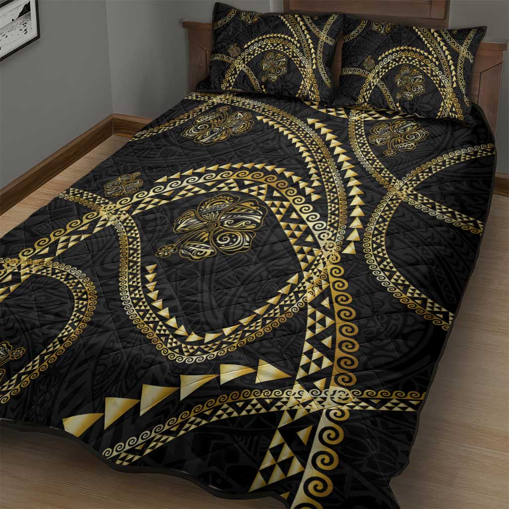 Hawaiian Kakau Art and Hisbiscus Tattoo Quilt Bed Set Tribal Pattern-Gold Style - Polynesian Pride