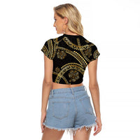 Hawaiian Kakau Art and Hisbiscus Tattoo Raglan Cropped T Shirt Tribal Pattern-Gold Style - Polynesian Pride