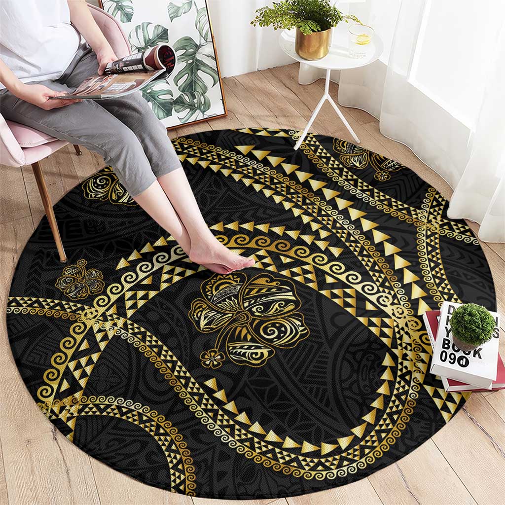 Hawaiian Kakau Art and Hisbiscus Tattoo Round Carpet Tribal Pattern-Gold Style - Polynesian Pride