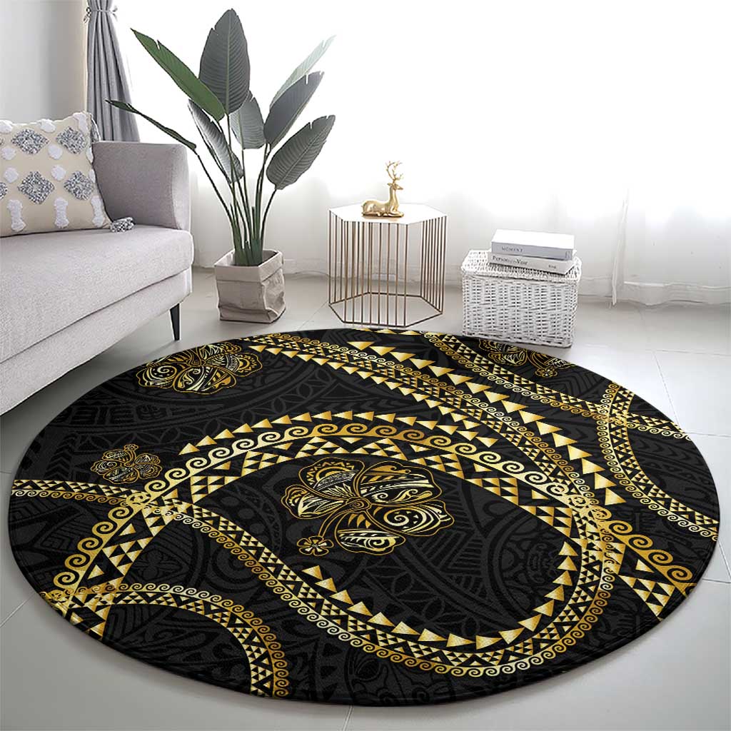 Hawaiian Kakau Art and Hisbiscus Tattoo Round Carpet Tribal Pattern-Gold Style - Polynesian Pride