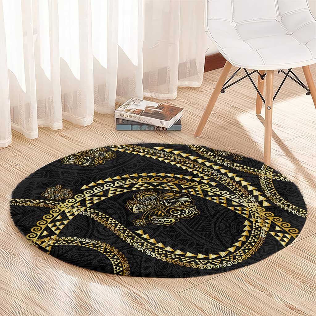 Hawaiian Kakau Art and Hisbiscus Tattoo Round Carpet Tribal Pattern-Gold Style - Polynesian Pride