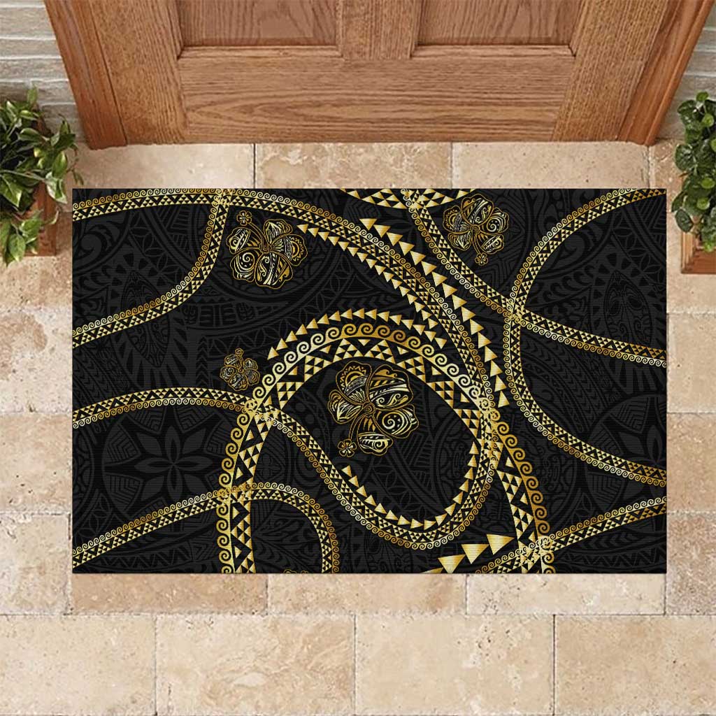 Hawaiian Kakau Art and Hisbiscus Tattoo Rubber Doormat Tribal Pattern-Gold Style - Polynesian Pride