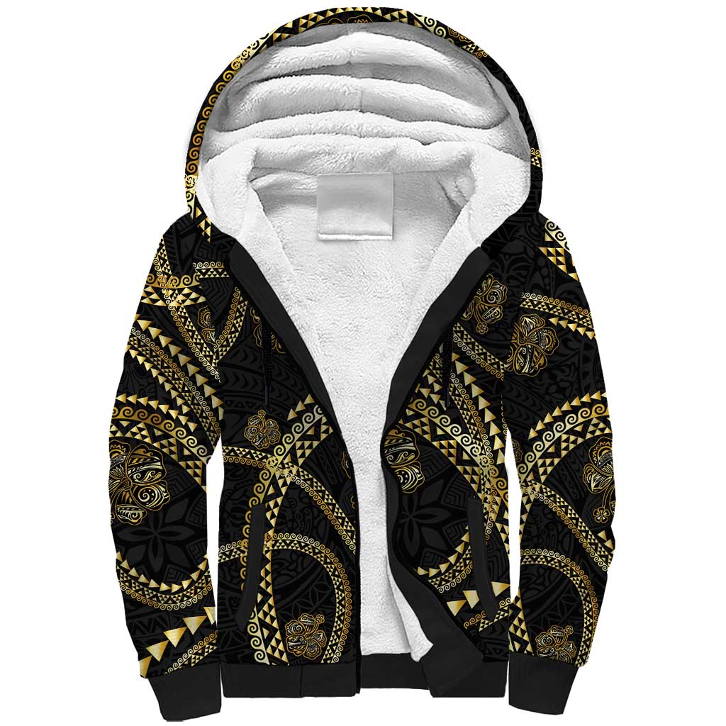 Hawaiian Kakau Art and Hisbiscus Tattoo Sherpa Hoodie Tribal Pattern-Gold Style - Polynesian Pride