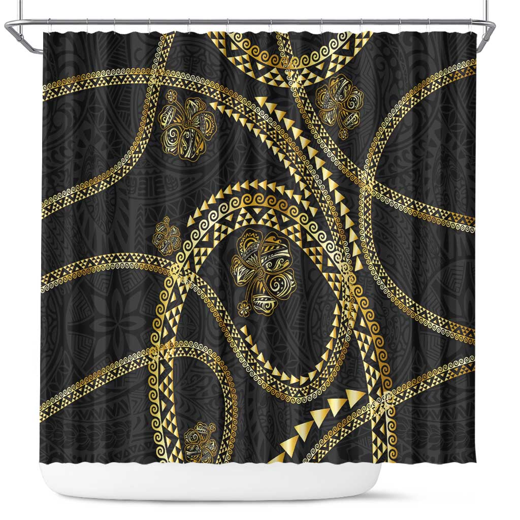 Hawaiian Kakau Art and Hisbiscus Tattoo Shower Curtain Tribal Pattern-Gold Style - Polynesian Pride
