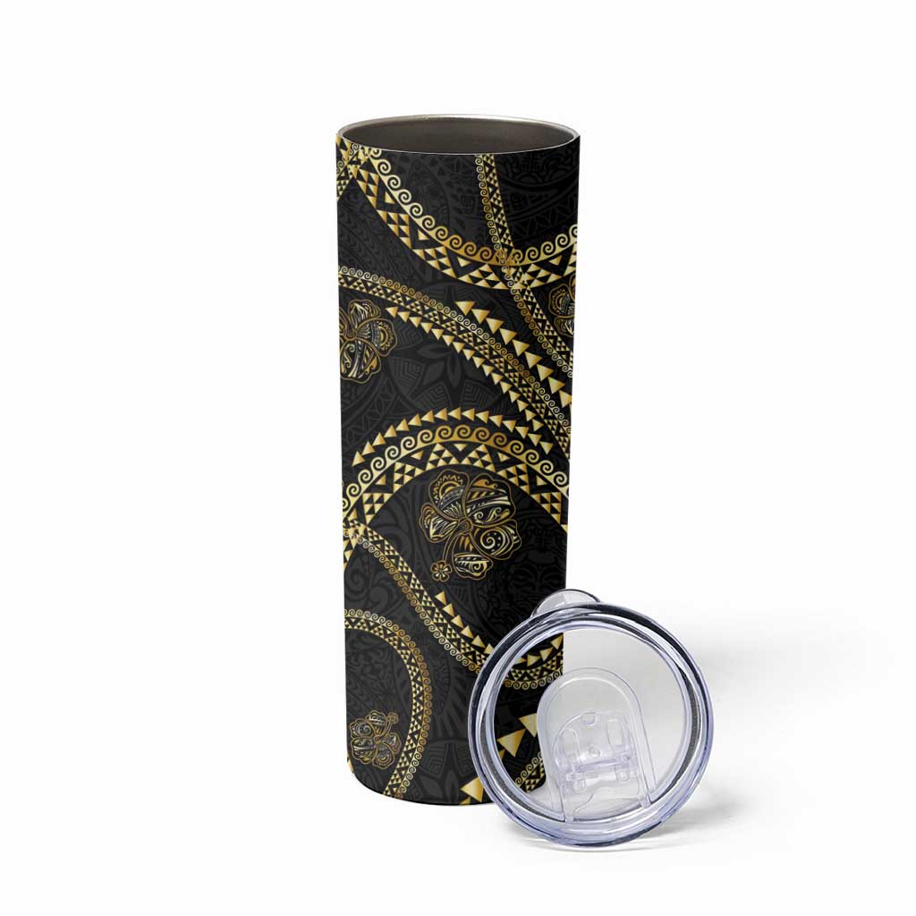Hawaiian Kakau Art and Hisbiscus Tattoo Skinny Tumbler Tribal Pattern-Gold Style - Polynesian Pride