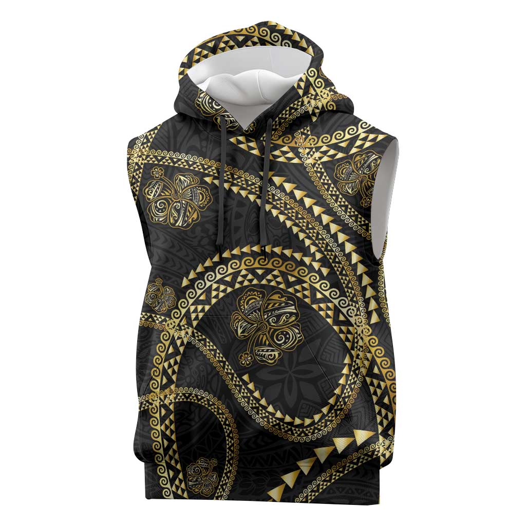 Hawaiian Kakau Art and Hisbiscus Tattoo Sleeveless Hoodie Tribal Pattern-Gold Style - Polynesian Pride