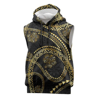 Hawaiian Kakau Art and Hisbiscus Tattoo Sleeveless Hoodie Tribal Pattern-Gold Style - Polynesian Pride