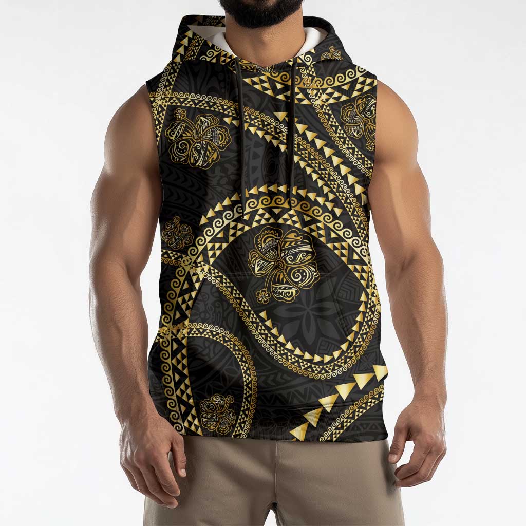 Hawaiian Kakau Art and Hisbiscus Tattoo Sleeveless Hoodie Tribal Pattern-Gold Style - Polynesian Pride