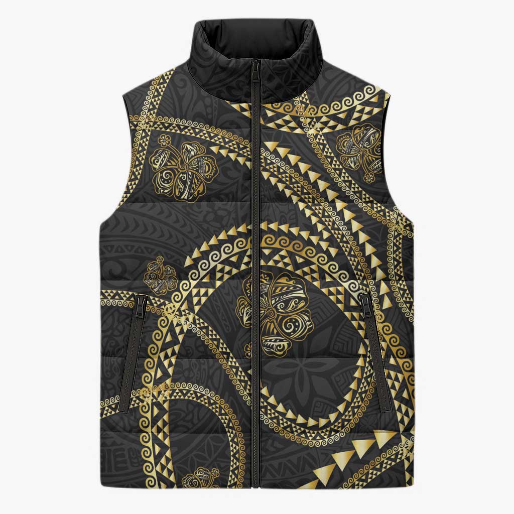 Hawaiian Kakau Art and Hisbiscus Tattoo Sleeveless Puffer Jacket Tribal Pattern-Gold Style - Polynesian Pride