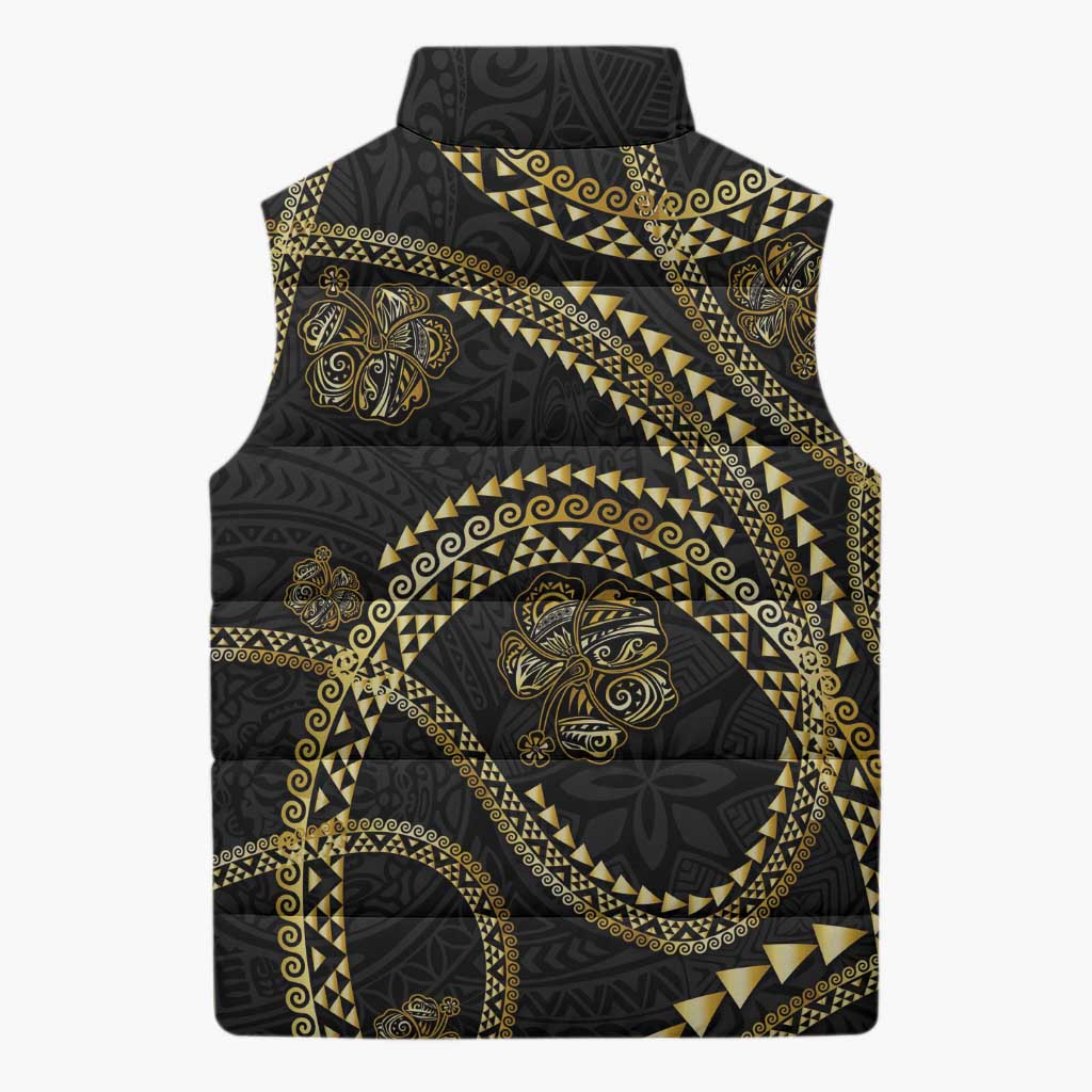 Hawaiian Kakau Art and Hisbiscus Tattoo Sleeveless Puffer Jacket Tribal Pattern-Gold Style - Polynesian Pride
