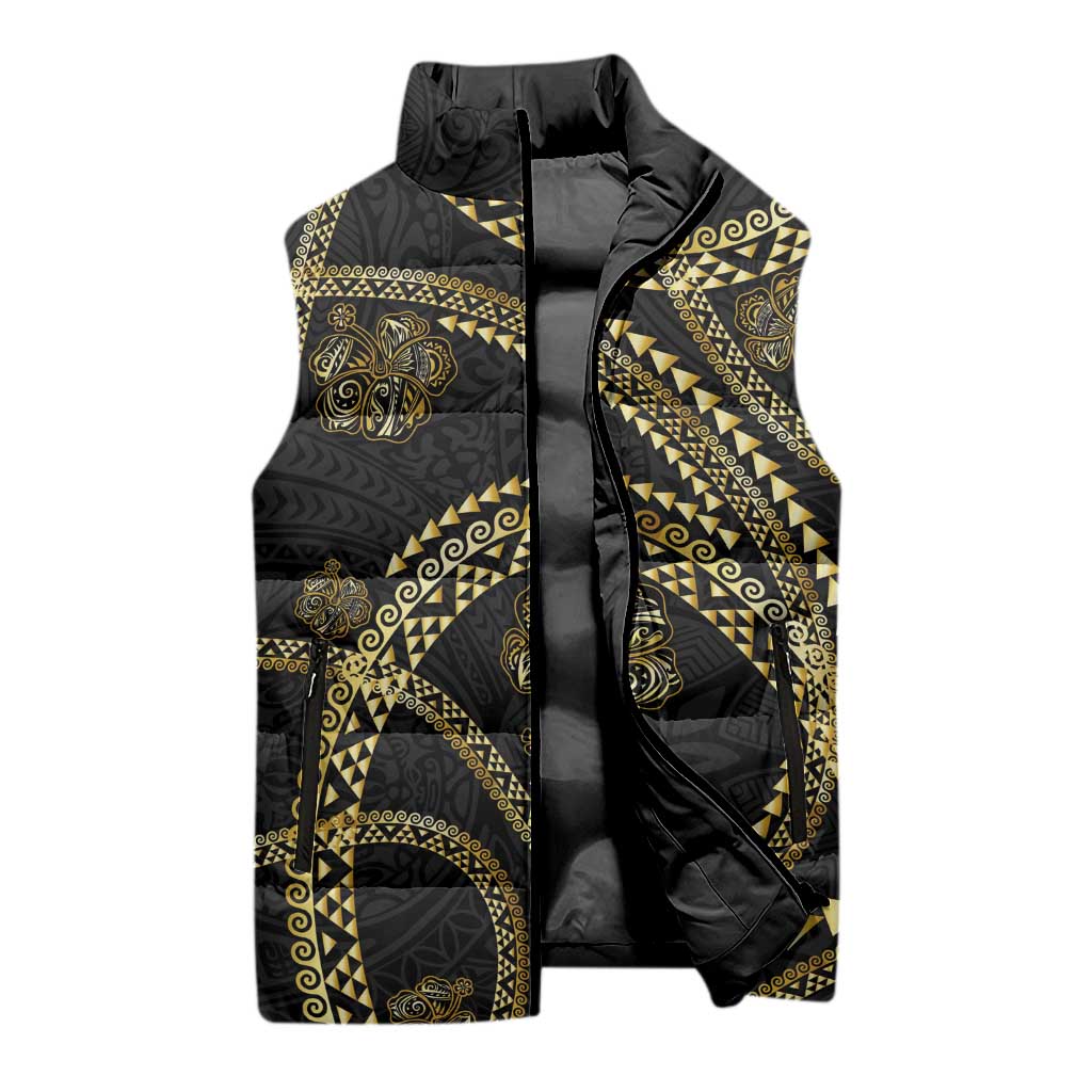 Hawaiian Kakau Art and Hisbiscus Tattoo Sleeveless Puffer Jacket Tribal Pattern-Gold Style - Polynesian Pride