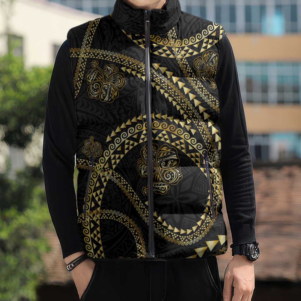 Hawaiian Kakau Art and Hisbiscus Tattoo Sleeveless Puffer Jacket Tribal Pattern-Gold Style - Polynesian Pride