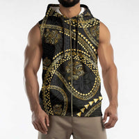 Hawaiian Kakau Art and Hisbiscus Tattoo Sleeveless Zip Hoodie Tribal Pattern-Gold Style - Polynesian Pride