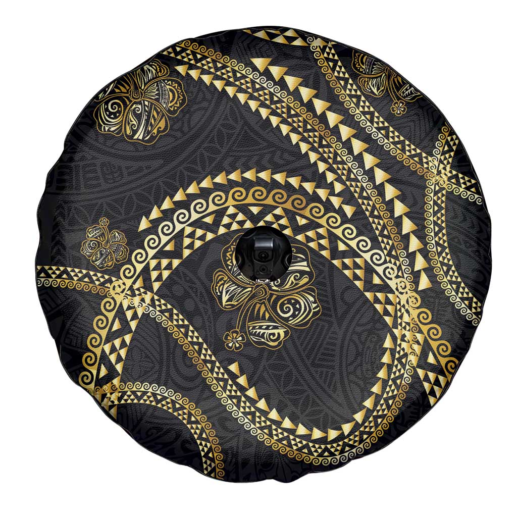 Hawaiian Kakau Art and Hisbiscus Tattoo Spare Tire Cover Tribal Pattern-Gold Style - Polynesian Pride