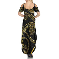 Hawaiian Kakau Art and Hisbiscus Tattoo Summer Maxi Dress Tribal Pattern-Gold Style - Polynesian Pride