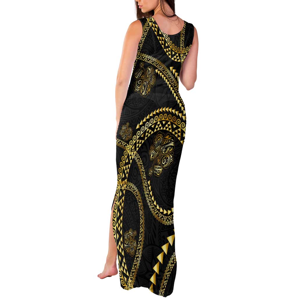 Hawaiian Kakau Art and Hisbiscus Tattoo Tank Maxi Dress Tribal Pattern-Gold Style - Polynesian Pride