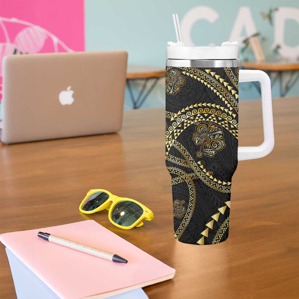 Hawaiian Kakau Art and Hisbiscus Tattoo Tumbler With Handle Tribal Pattern-Gold Style - Polynesian Pride