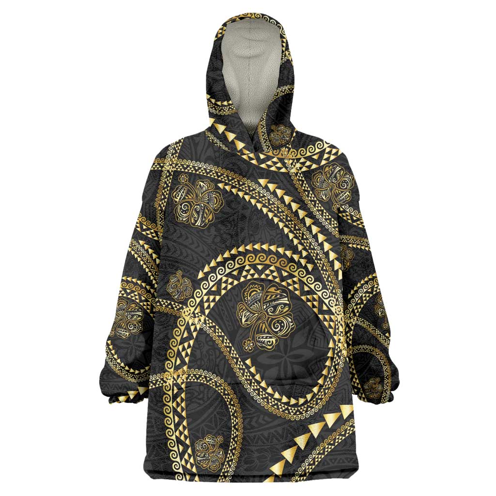 Hawaiian Kakau Art and Hisbiscus Tattoo Wearable Blanket Hoodie Tribal Pattern-Gold Style - Polynesian Pride