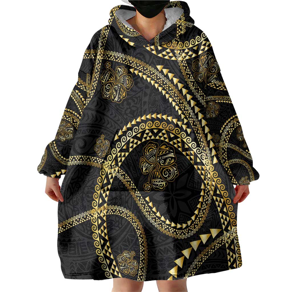 Hawaiian Kakau Art and Hisbiscus Tattoo Wearable Blanket Hoodie Tribal Pattern-Gold Style - Polynesian Pride